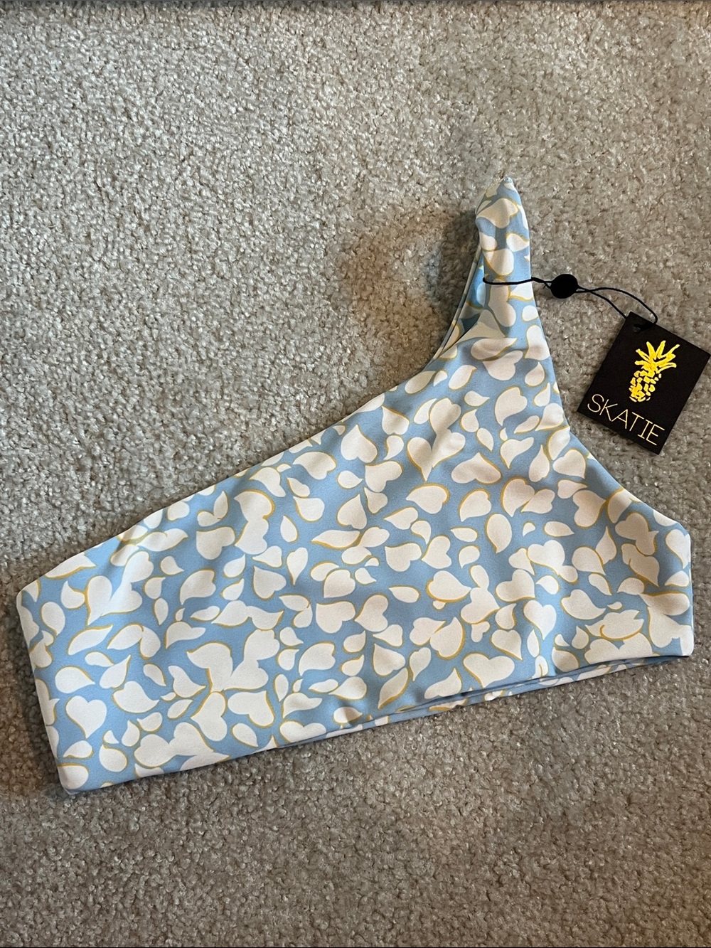Skatie Asymmetrical Ellis Bikini Top in Nantucket Sky Blue, White and Yellow